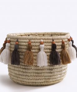Handcrafted wicker storage basket wool tassel