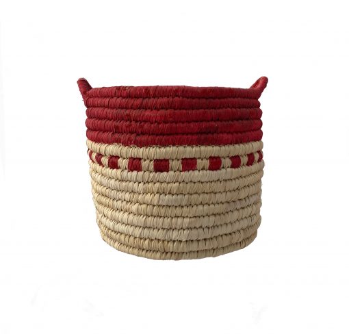 Handmade basket in braided straw cylinder red 30 x 27 cm handle each side