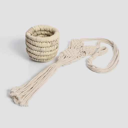 Macrame plant hanger and Wicker basket off-white