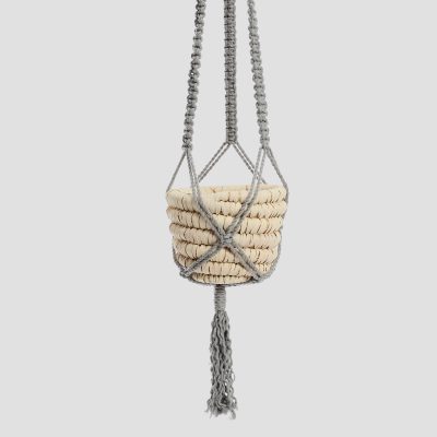 Set Macrame plant hanger and Wicker basket Grey off-white bead